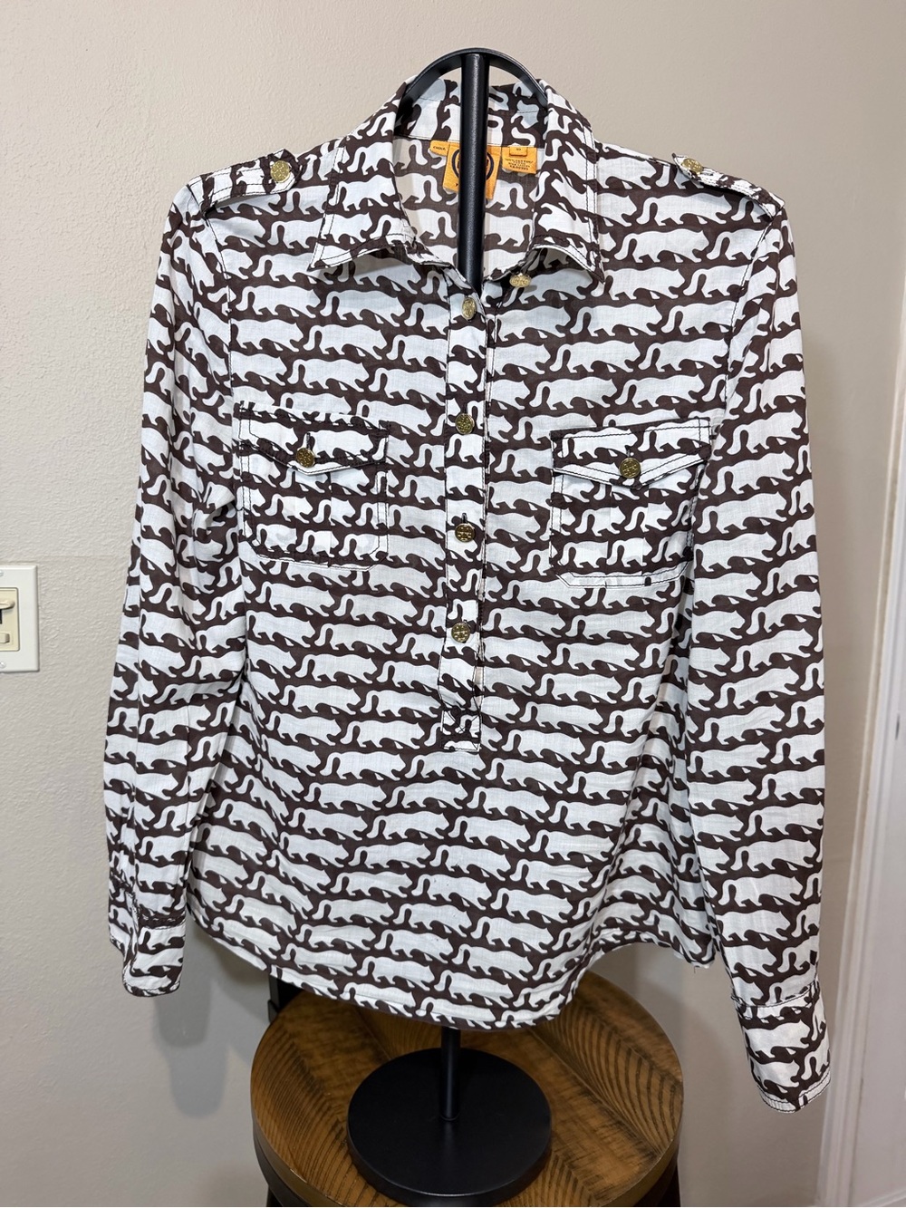 Tory Burch Women’s Brown and White Panther-Print Button-Down Shirt